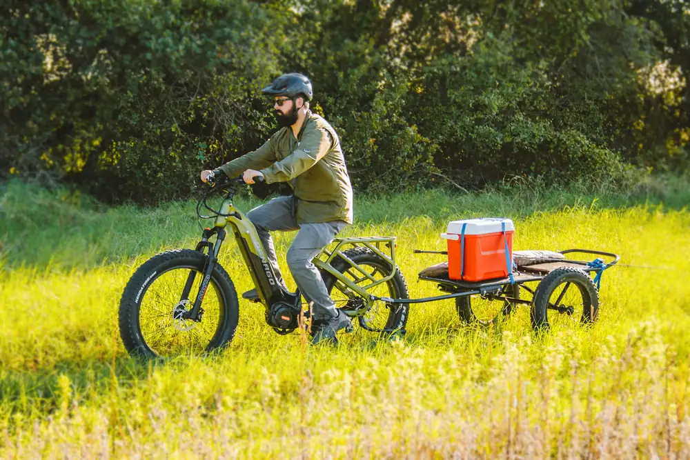 E-bike towing a flatbed cargo trailer Helmeted rider on a fat-tire e-bike towing a two-wheel flatbed trailer with a cooler strapped to it across a grassy meadow