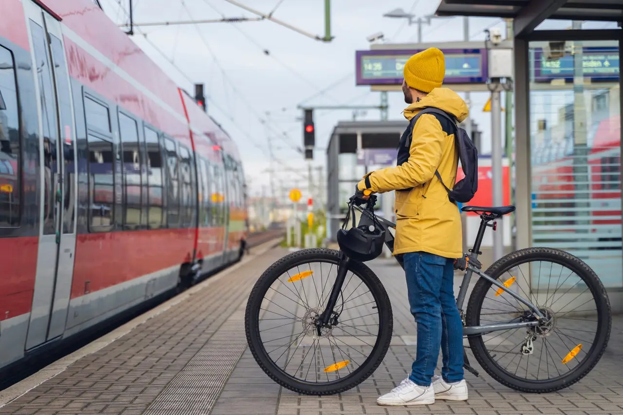 bike commuter on train station bike commuter on train station