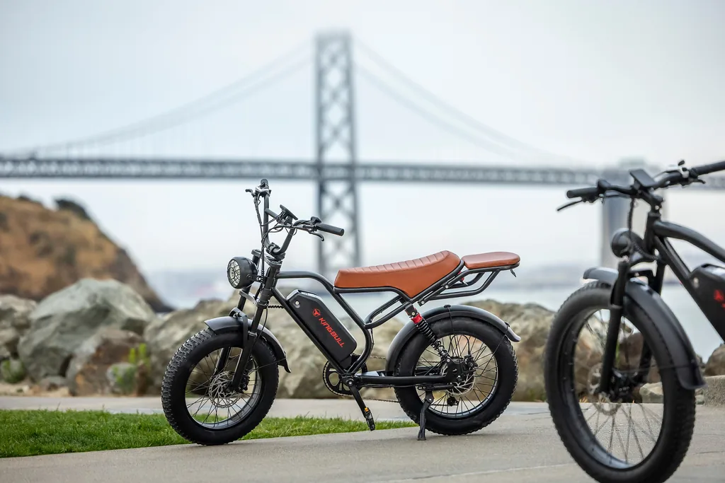 Two moped-style e-bikes with bench seats and fat tires parked by the Bay Bridge Two moped-style e-bikes with bench seats and fat tires parked by the Bay Bridge
