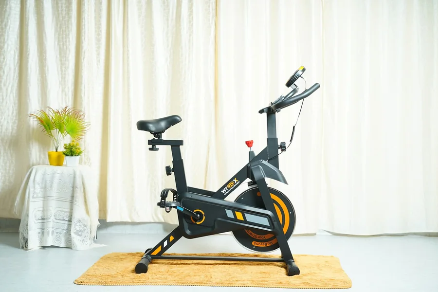 Indoor bike left set up on a rug in the corner of a bright room, ready to ride