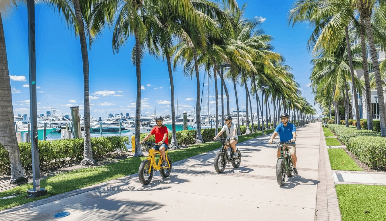 couple riding ebikes on a boardwalk