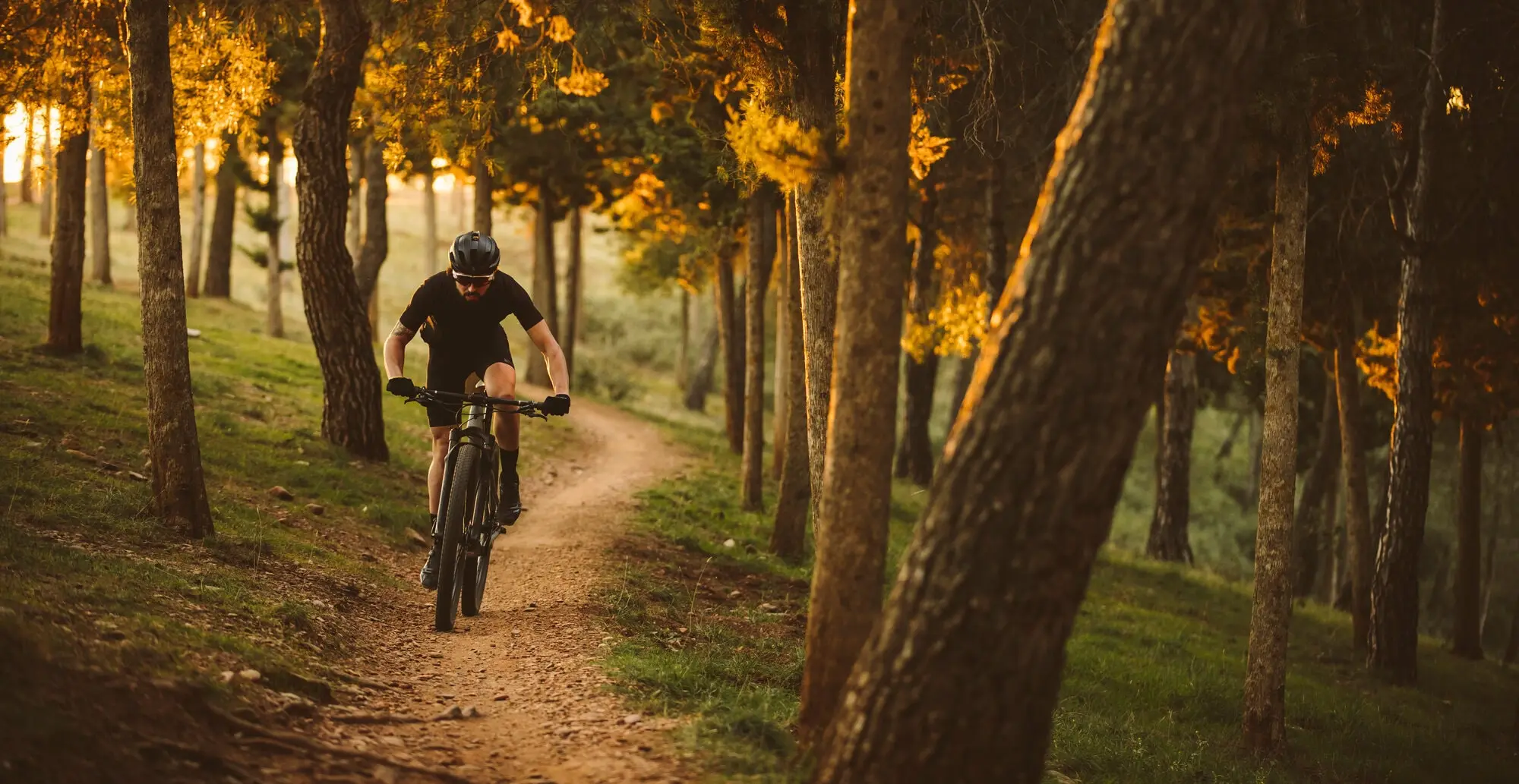 Mountain biker racing on a technical trail