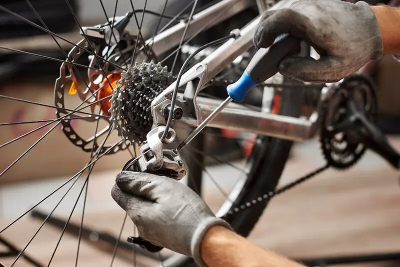 Mechanic's hands working on a bicycle cassette and rear derailleur