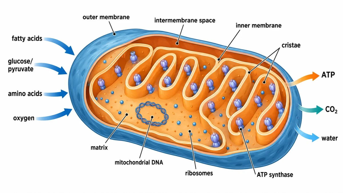 Labeled cross-section of a mitochondrion showing fatty acids, glucose, amino acids and oxygen entering and ATP, carbon dioxide and water leaving