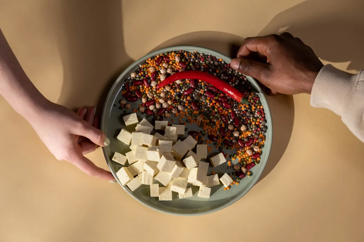 Overhead view of a plate of tofu cubes and mixed legumes, plant protein sources for vegan cyclists