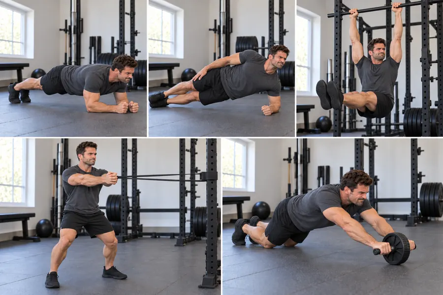 Planks, hanging leg raises, Pallof presses and rollouts train the trunk to stay rigid Five-panel photo of a front plank, side plank, hanging leg raise, Pallof press with a band, and ab-wheel rollout