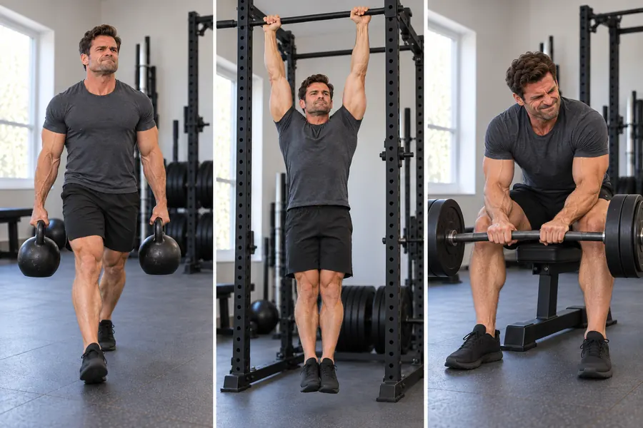 Farmer's carries, dead hangs and wrist curls build grip endurance that trainer miles never will Three-panel photo of a kettlebell farmer's carry, a dead hang from a pull-up bar, and a seated barbell wrist curl