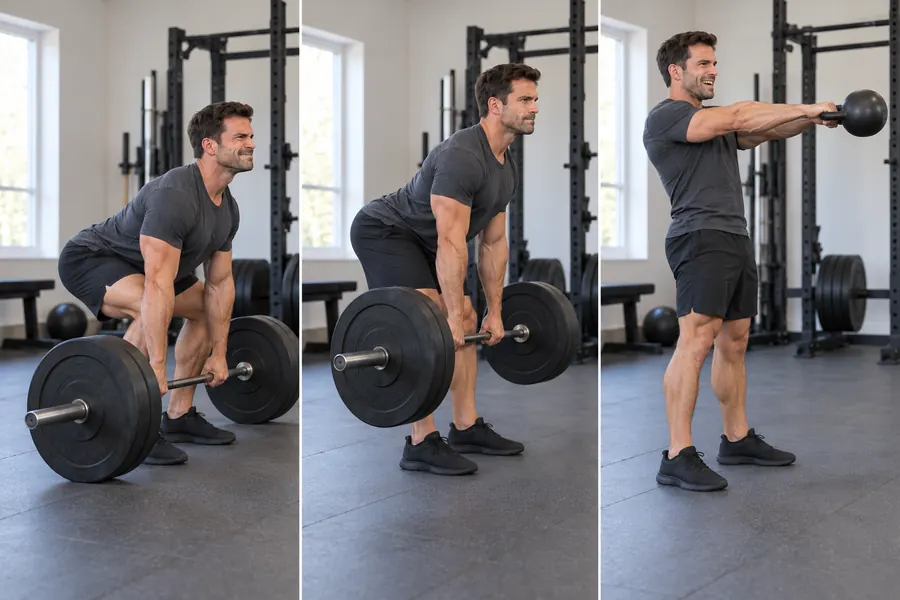 Deadlift, Romanian deadlift, kettlebell swing: the hinge builds the chain that holds your attack position Three-panel photo of a barbell deadlift, a Romanian deadlift, and a kettlebell swing in a gym