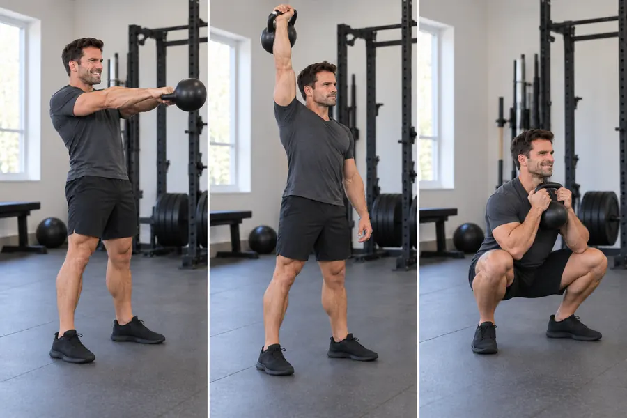 One heavy kettlebell and three moves cover the hinge, the push, the squat, the grip and the core Three-panel photo of a kettlebell swing, a kettlebell clean and press, and a goblet squat
