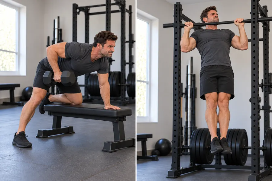 Rows and pull-ups: one set of pulling for every set of pressing Two-panel photo of a single-arm dumbbell row on a bench and a pull-up on a power rack