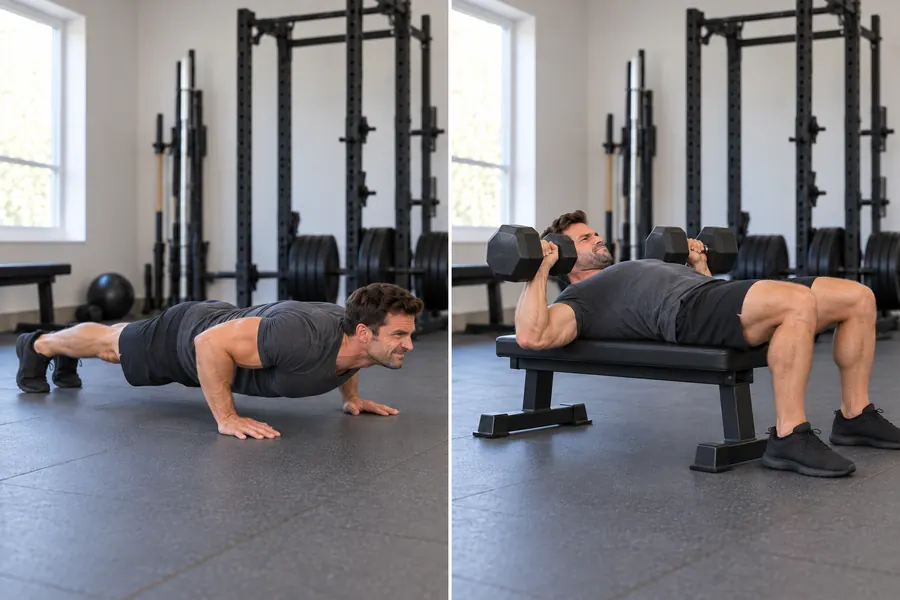 Push-ups and a flat dumbbell bench press: the press that keeps you behind the bars Two-panel photo of a push-up on a gym floor and a flat dumbbell bench press