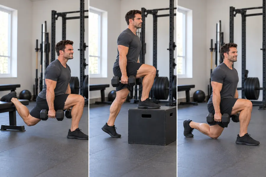 Bulgarian split squats, step-ups and walking lunges expose the weaker leg Three-panel photo of a Bulgarian split squat with a dumbbell, a dumbbell step-up onto a box, and a walking lunge