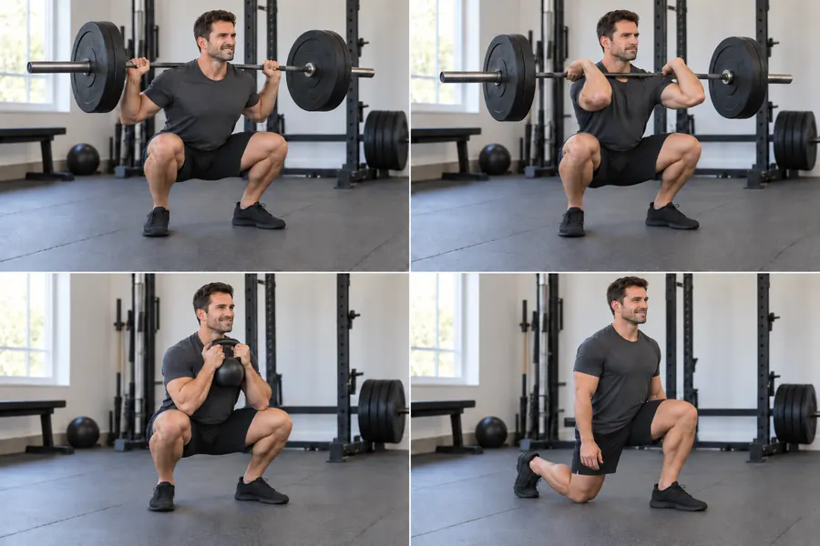 Back squat, front squat, goblet squat, split squat: the same pattern, loaded four ways Four-panel photo of a man in a gym doing a barbell back squat, front squat, goblet squat, and split squat