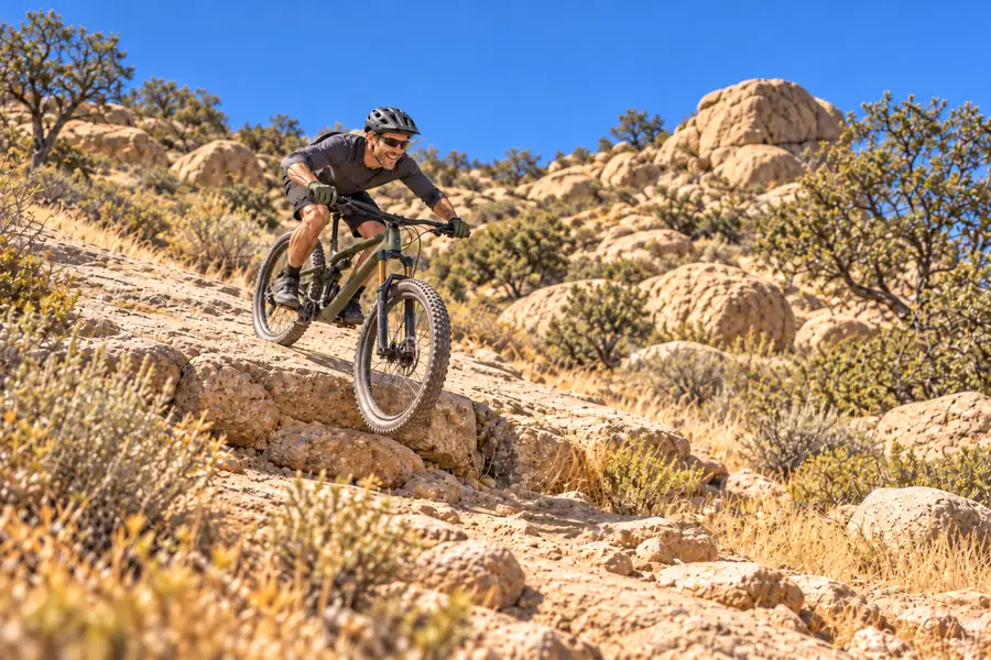 The first spring ride shows exactly what a winter off the bike cost you Mountain biker in a helmet riding a full-suspension bike down a rocky desert trail under a blue sky