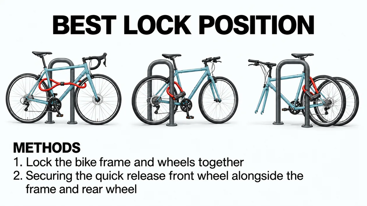 Infographic of the best lock positions: U-lock through the frame and rear wheel at a bike rack, with the quick-release front wheel secured alongside