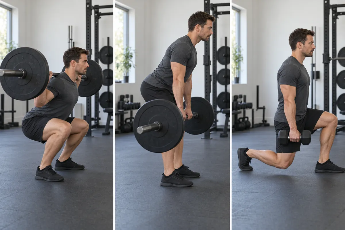 Side-by-side panels of the three lifts in the program: a barbell back squat, a barbell deadlift and a dumbbell split squat, all performed in a gym Side-by-side panels of the three lifts in the program: a barbell back squat, a barbell deadlift and a dumbbell split squat, all performed in a gym