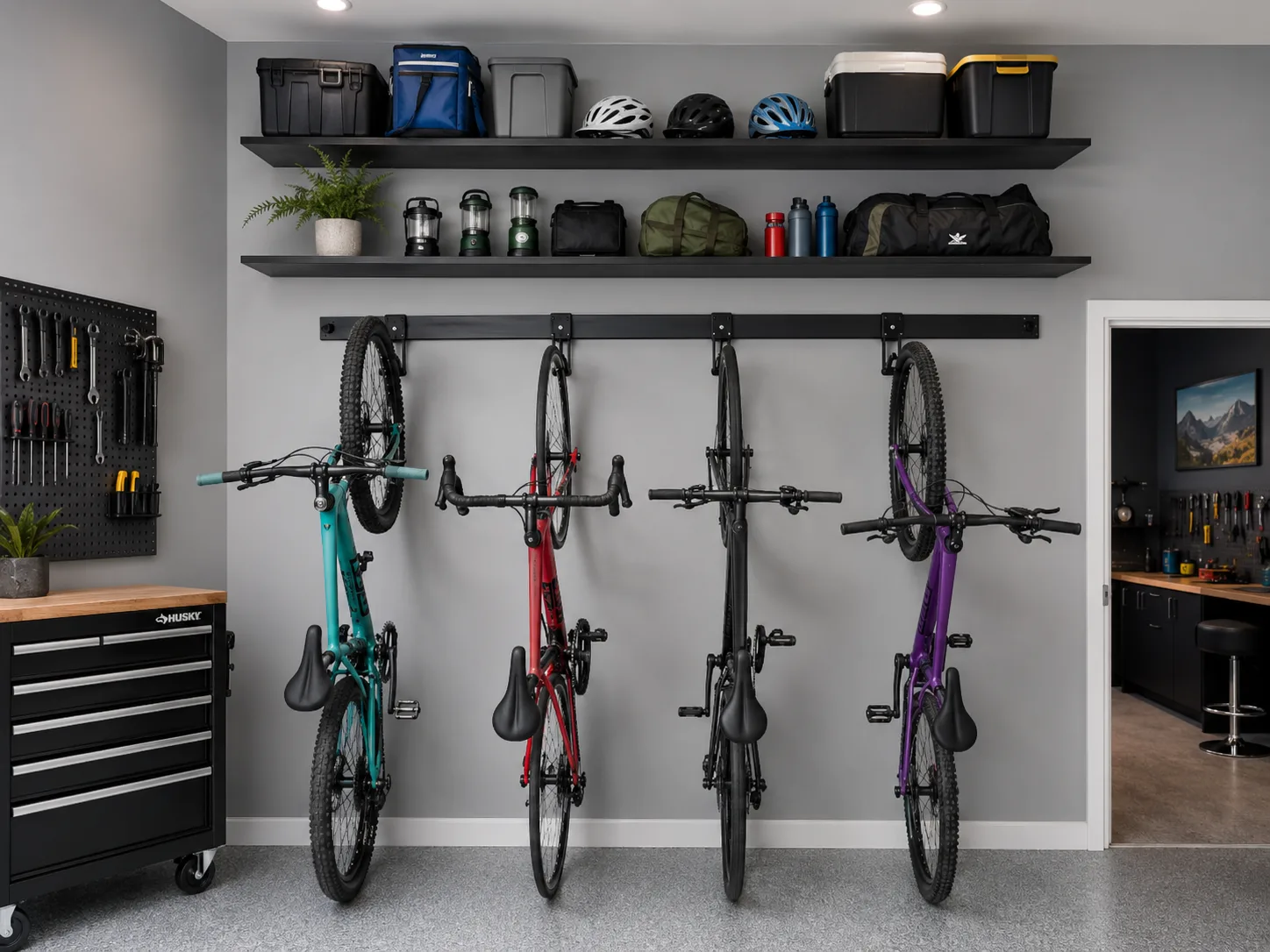 Several bicycles stored on wall racks in a home bike storage room