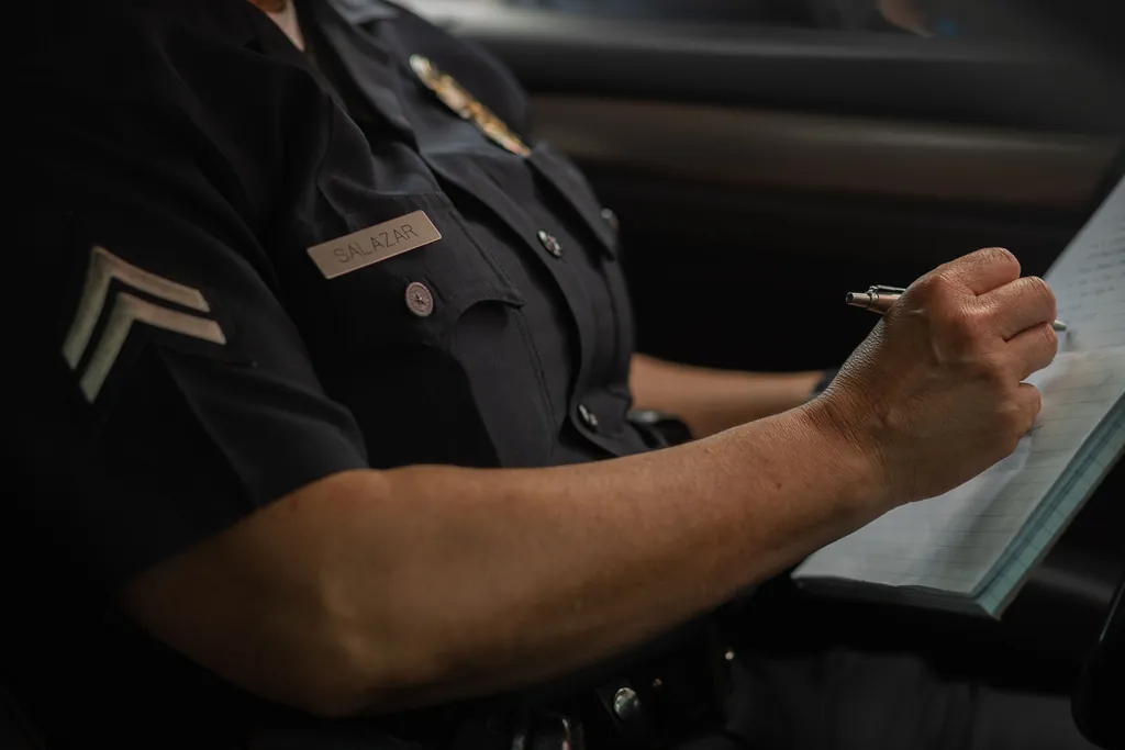 Police officer writing a report in a notebook while sitting in a patrol car Police officer writing a report in a notebook while sitting in a patrol car