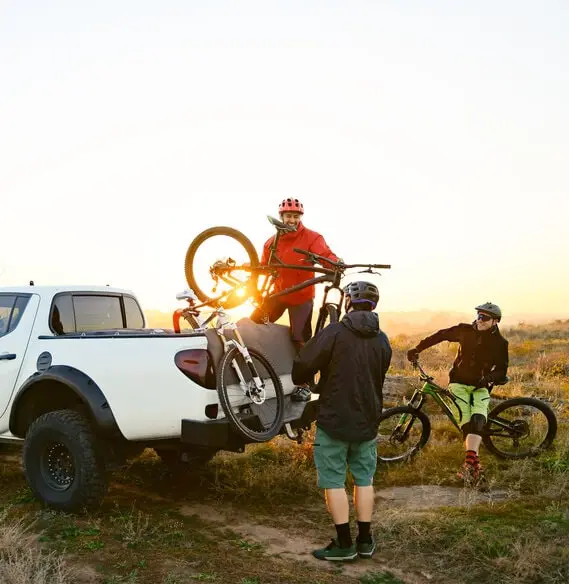 Mountain bikes loaded on a hitch rack for transport